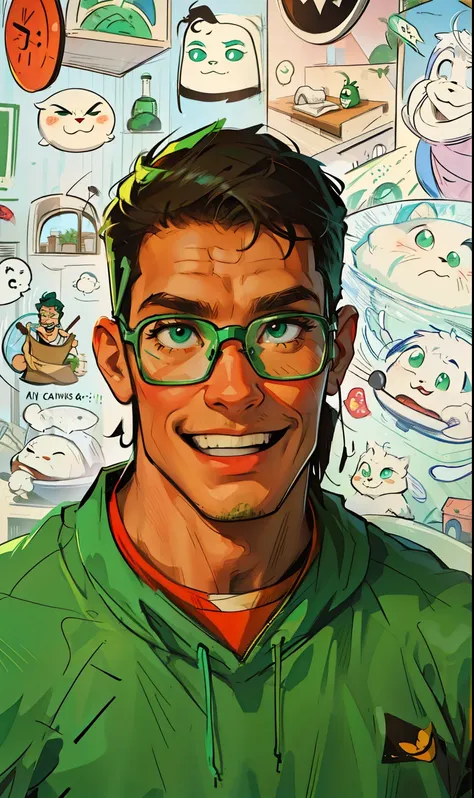 homem, com oculos, camiseta verde,  estilo cartoon,  sorrindo.