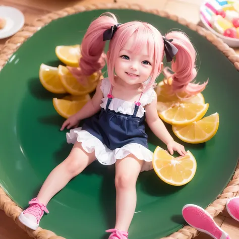 (photorealistic:1.37)、octane rendering、Chibi girl doll in the center of a fruit platter、Girl has twin tail hairstyle and smiles、Bright colors、soft sunlight、playful atmosphere、peaceful environment、detailed texture、Bright colors、cute shoes with accessories、H...