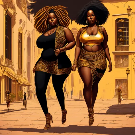 Illustration of A thick  black woman with dreadlocks hair wearing golden luxury clothes walking on The street holding a hand mirror, (thick body), ultra quality, 8K, olhar sensual, sensualidade, filha de uma deusa africana, african illustration style, fat ...