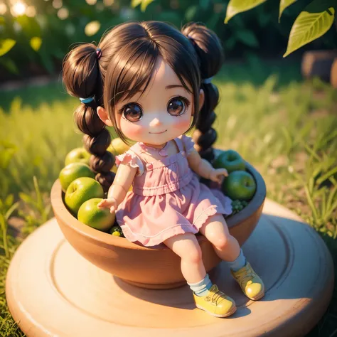 (photorealistic:1.37)、octane rendering、Chibi girl doll in the center of a fruit platter、Girl has twin tail hairstyle and smiles、Bright colors、soft sunlight、playful atmosphere、peaceful environment、detailed texture、Bright colors、cute shoes with accessories、H...