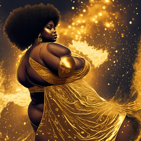 Digital Illustration of A thick black woman with afro hair wearing golden luxury clothes walking on The street, (thick body), Water texture, ultra quality, 8K, olhar sensual, sensualidade, filha de uma deusa africana, african illustration style, fat woman,...