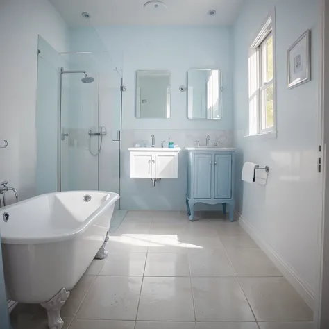 Bathroom with white walls and the bathroom floor in light slate blue