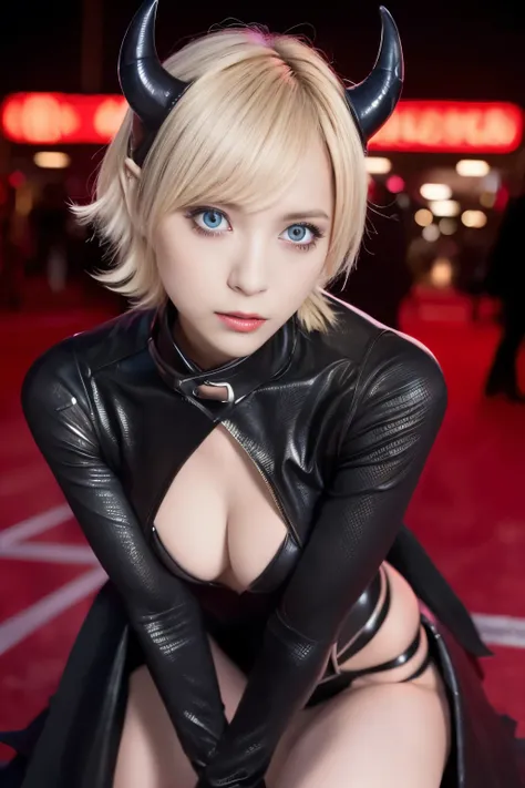 1 girl,(Crouching while wearing black devil cosplay:1.4),(RAW photo, highest quality), (realistic, photo-realistic:1.4), masterpiece, very delicate and beautiful, very detailed, 2k wallpaper, wonderful, finely, very detailed CG unity 8k wallpaper, Super de...