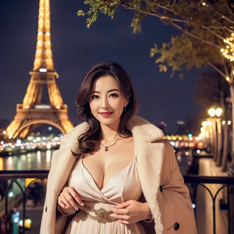 ((highest quality、8K resolution、master masterpiece、professional photography)), Photoreal, 1 Japanese female, Beautiful woman, (The most elegant and beautiful 45 year old mature woman:1.2), wrinkles around the eyes, thin,Paris city at Christmas night, Chris...