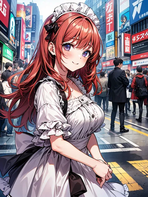 jump、Maid clothes:1.3,I met a cute 20-year-old girl in the crowded streets of Akihabara.、large frills、smile、blush、red hair poni