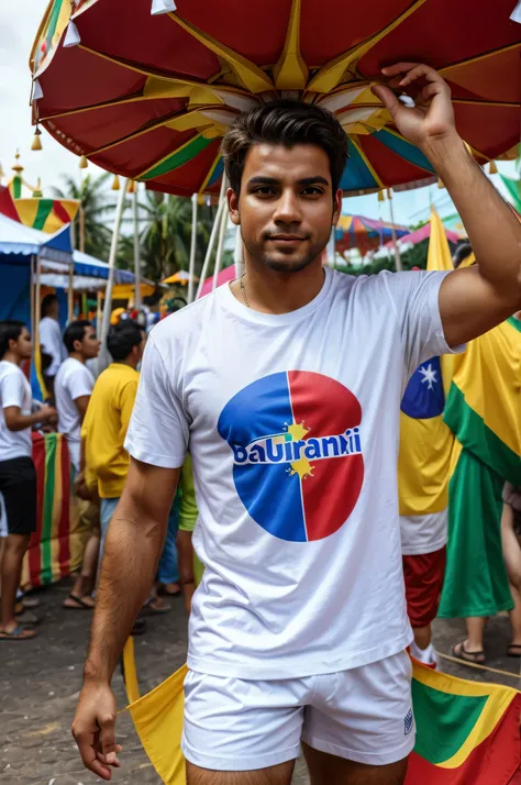 A person in costume in a carnival scene in Brazil wearing a white T-shirt. Hyperrealistic image.