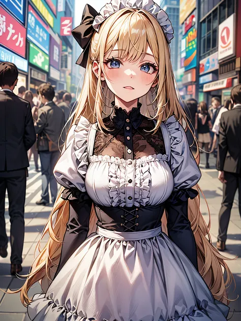 hand is forcibly pulled:1.3、Maid clothes:1.3,I met a cute 20-year-old girl in the crowded streets of Akihabara.、large frills、blush、blonde pony