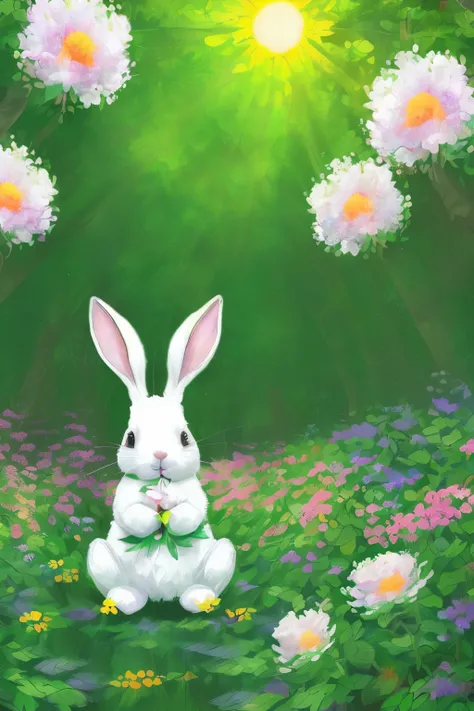 Imagem reduzida: ((A reduced image of an adorable, little white rabbit with big, expressive eyes, big floppy ears, two extra ears, or four ears in total. toutes les oreilles sont levées et longues. Long eyelashes frame its joyful, open mouth. It is standin...