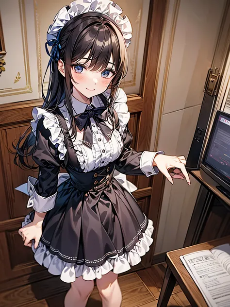 small room:1.3,Close contact in a private room with a computer:1.3,night、white brim:1.2、Victorian Maid Clothing:1.3,mini skirt、frills、smile、blush、20-year-old