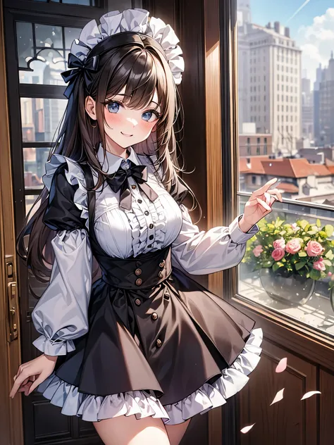 white brim:1.2、Victorian Maid Clothing:1.3,mini skirt、frills、smile、blush、20-year-old、Window Shopping、In town、Bright day、Expression of sparkling light、Dancing petals、