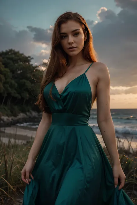 uma fotografia de uma mulher ruiva com cabelos varridos pelo vento, your hair tangled like flames against a twilight sky, emanating indomitable beauty with green dress