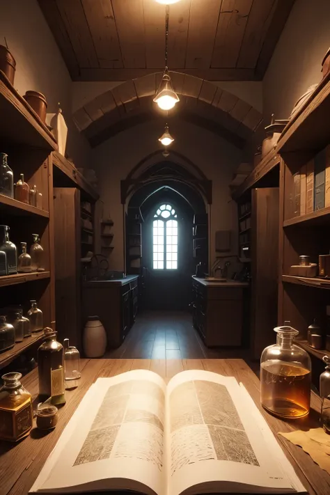 Laboratory without any people, Image from the 16th century shows a laboratory of an alchemist wizard with no one in the room, repleto de equipamentos , mentions, chemistry glasses, pergaminhos, prototypes, teias de aranha nas paredes, paredes encardidas il...