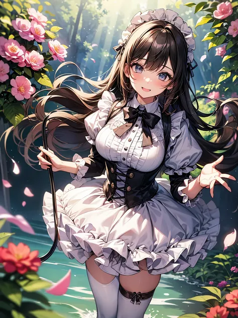 blur the background、perfect human body、one girl、victorian maid costume cosplay:1.3,mini skirt、frills、smile、blush、Watering in the flower garden、Water gushes out from the hose、Bright day、Expression of sparkling water and light:1.3、Dancing petals,fine