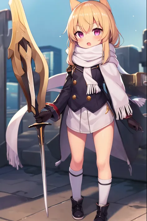 1girl, azur_lane, blonde_hair, blush, boots, commentary_request, gloves, highres, holding, holding_sword, holding_weapon, kneehighs, legs_apart, long_hair, long_sleeves, machinery, momo_(higanbana_and_girl), open_mouth, outdoors, pink_eyes, scarf, sidelock...