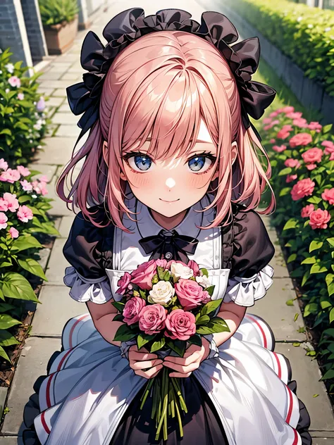 Close-up、Belows view:1.3,blur the background、perfect human body、one girl、victorian maid costume cosplay:1.3,mini skirt、frills、smile、blush、Flower garden,pick flowers:1.3、bouquet、Bright day、full of energy、blonde、pink hair、blue hair、red hair、