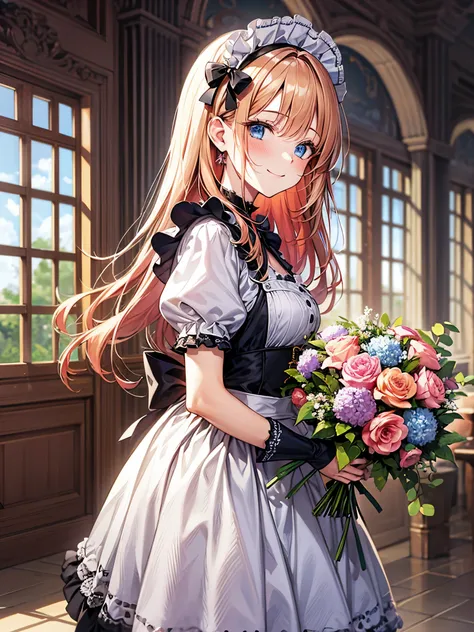 Close-up、Belows view:1.3,blur the background、perfect human body、one girl、victorian maid costume cosplay:1.3,mini skirt、frills、smile、blush、Flower garden,pick flowers:1.3、bouquet、Bright day、full of energy、blonde、blue hair、red hair、