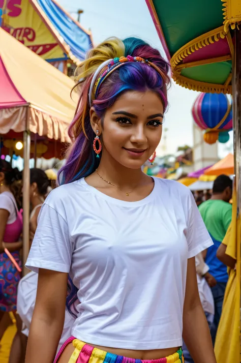 A woman dressed up with colorful hair accessories in a carnival scene in Brazil and wearing a white T-shirt. Hyperrealistic image.