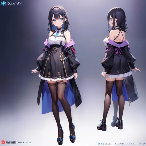 masterpiece,high quality,virtual youtuber, girl, black hair, blue eyes, (concept art, official art,full body) (three sided view:1.3), simple background