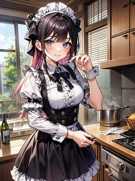 perfect human body、victorian maid costume cosplay:1.3,mini skirt、frills、smile、blush、20-year-old、Cooking in the kitchen of a cheap Japanese apartment、Bright day、Expression of sparkling light、Dancing petals、colorful hair color