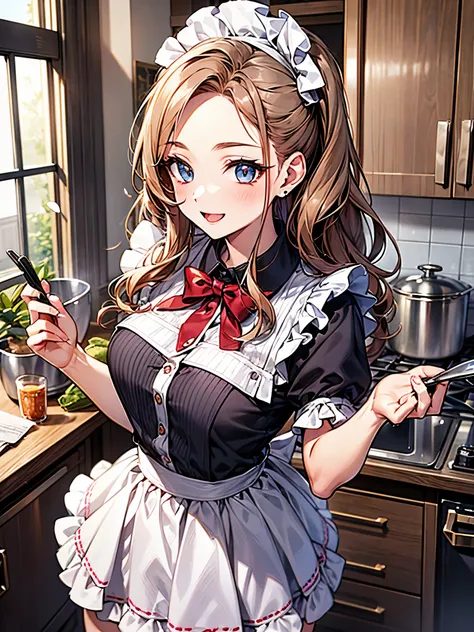 perfect human body、Maid Outfit Cosplay:1.3,mini skirt、frills、smile、blush、20-year-old、Cooking in the kitchen of a cheap Japanese apartment、Bright day、Expression of sparkling light、Dancing petals、colorful hair color、明るいsmile、Forehead:1.3