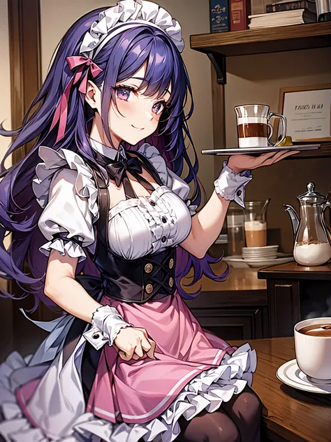 perfect human body、side view、Maid Outfit Cosplay:1.3,mini skirt、frills、smile、blush、20-year-old、dark night、study、colorful hair color、pink、Side tail、bangs bangs、Coffee cup、tray、brew hot coffee