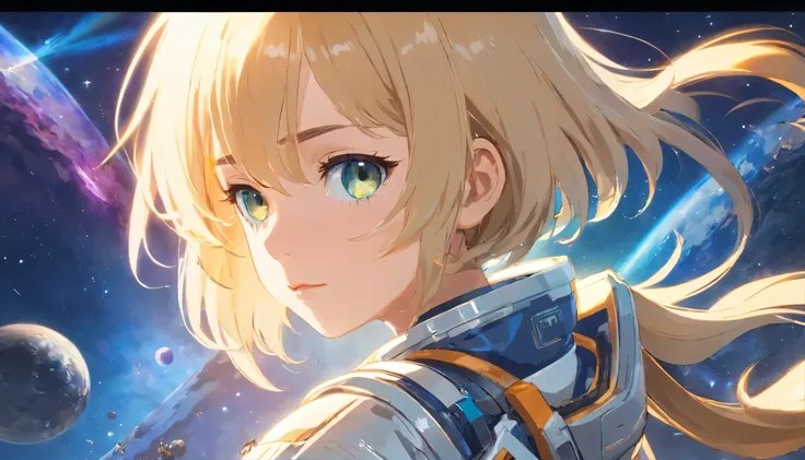 (young girl, 12 years old, blond, 逼真of, pale skin), (of (Eye:1.2)), (fit:1.3), (fantasy space suit), 漂亮of脸蛋, symmetrical face, Greg Rutkoski, wlop and Sam Kuvshinov, (long hair), Golden eyelashes, big irises, Large pupils, whole body, 站在航天发射场of背景上, art sta...