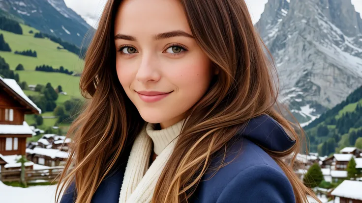 Instagram pictures, French Girl, Shoulder length hair, with light blonde hair, Close-up photo, coat, The background is the village of Grindelwald...., Switzerland, smile a little,