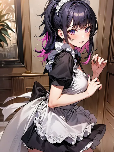 perfect human body、side view、Maid Outfit Cosplay:1.3,mini skirt、frills、smile、blush、20-year-old、dark night、colorful hair color、、bangs bangs、(((:1.3I work as a maid.)))