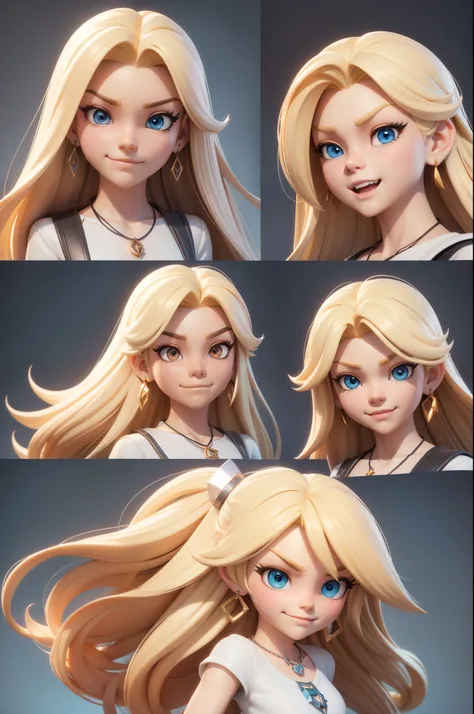 long hair，Half body，blonde，White clothes，earrings，necklace，3D model，disney protagonist， Multi-pose character reference table character expressions，3d model，expressions：happy , angry , sad