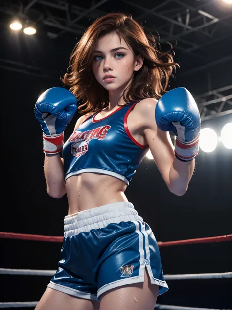 high quality fingers, normal hand, finger details,masterpiece, (realistic, photo-realistic:1.37), (teenage girl), boxing uniform,Medium chest, small waist, dark red hair, blue eyes, beautiful face, perfect lighting, beautiful and fine eyes,, amazingly beau...