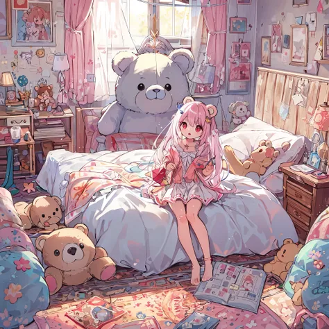 absurd, High resolution, (anime style:1.1), ((table top)), ((highest quality)), (super detailed), (beautiful), solo, beautiful face、(lift),12 years old、Your own cute room、pink wall paper、Lots of stuffed animals lined up.、リアルなbeautiful星々、(Cute girl with bea...