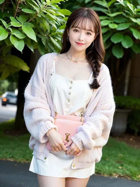 Best quality, long hair bangs curly two side braids loose towards the front, (Brown hair color), 超高分辨率, (Photorealistic:1.4), 1lovelygirl, bit girl, (Young), pink puffy , NSFW, ,(Kpop idol), (aegyo sal:1),  Smiling, Cute, full bodyesbian, hands together in...