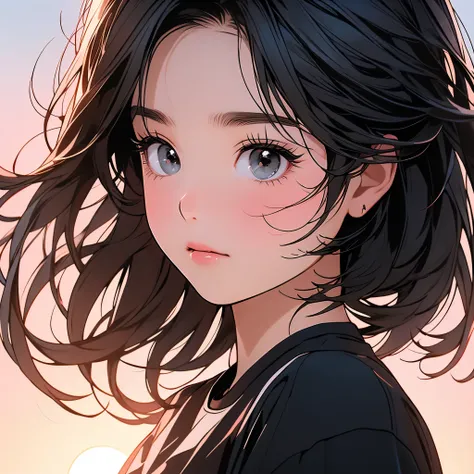 ( highres, ultra detailed, realistic, )(解剖学正确）, 1  girl,long black hair, wind blow，pink white stripe T-shirt, black eyes，looking at the sky, sunset sky background, ultra - detailed, best quality, Detailed diagram, vectorized, 8K, Graphic design, vector lin...