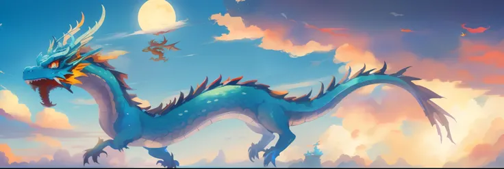 there is a blue dragon with orange and yellow hair flying in the sky, giant dragon flying in the sky, blue dragon, dragon flying in the sky, dragon flying in sky, dragon in the sky, blue scaled dragon, flying dragon, colossal dragon as background, 4 k mang...