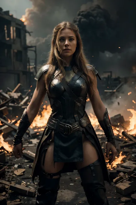 Create an image with advanced image quality and resolution, featuring super detailed depiction of a woman wearing a Thor-inspired outfit. Position her at the center of the composition, with a war-torn backdrop engulfed in flames. Ensure the portrayal of th...