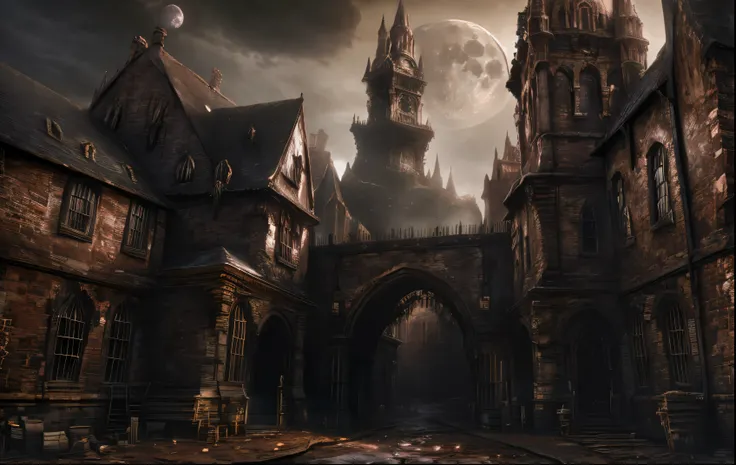 Bloodborne, FromSoftware, Gothic victorian architecture gothic background,  huge full moon, eldrich horror, unsettling atmosphere, dark unsettling atmosphere,  old victorian city, cobbelstone streets, masterpiece, amaizng art, extremely detialed, best qual...