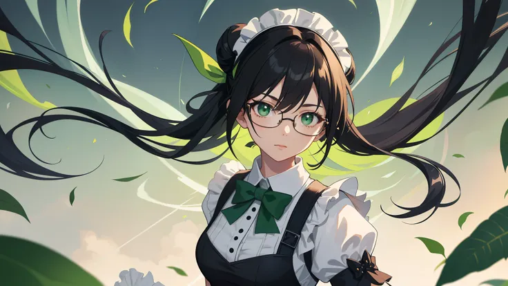 High resolution masterpiece, featuring a solitary girl in an exquisitely detailed Yuri Alpha anime scene. With her black hair tied up in a single bun, she dons a maid outfit complete with a collar, bow tie, and apron. The intricate details of her uniform a...