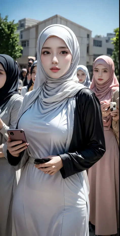 masutepiece, Best Quality, Illustration, Ultra-detailed, finely detail, hight resolution, 8K Wallpaper, Perfect dynamic composition, Multiple people,hijab nude, (3 girls taking photos), Girls holding smartphone cameras, Beautiful detailed eyes, Natural Lip...