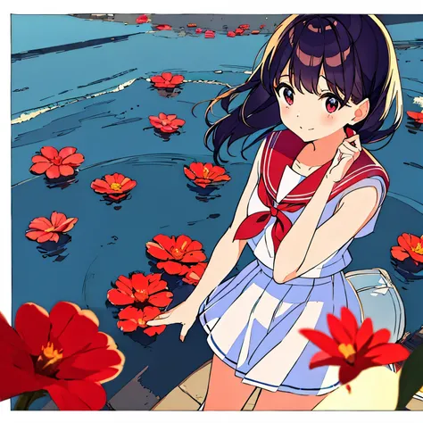 draw a girl in a sailor suit、Red flower、nostalgic