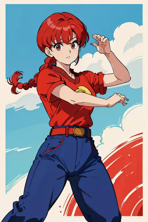 (8k, foto raw, la mejor calidad, obra maestra:1.2), ranma chan, ranma red shirt, red hair, braided belt, blue pants, martial art