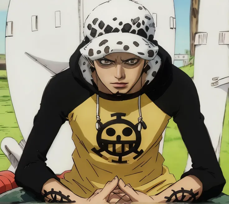 (masterpiece), (realistic), (ultra detailed), ( high reest quality), (photorealistic), (perfect face), (perfect anatomy), man, male, solo, muscular, (((20 years old))), Trafalgar D. Water Law from one piece, Trafalgar D. Water Law, one piece, (((detailed f...