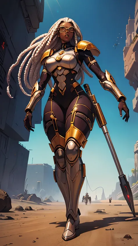 African woman, white dreadlocks, wearing futuristic glasses, metal body parts, wearing tight bronze sci-fi armor, prominent silhouette, heroine pose, carrying a cyber laser cannon, full body focus, sci-fi battle background, high definition .