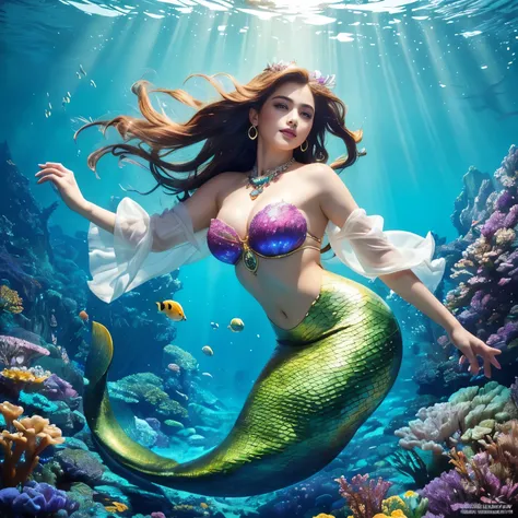 (highest quality、table top、8K、best image quality、hyper realism)、(Little mermaid in the most luxurious and majestic costume:1.1)、(Luxurious transparent sleeve:1.1)、(Mermaid goddess swimming in the beautiful rocky area of the deep sea.:1.2)、(Extremely comple...