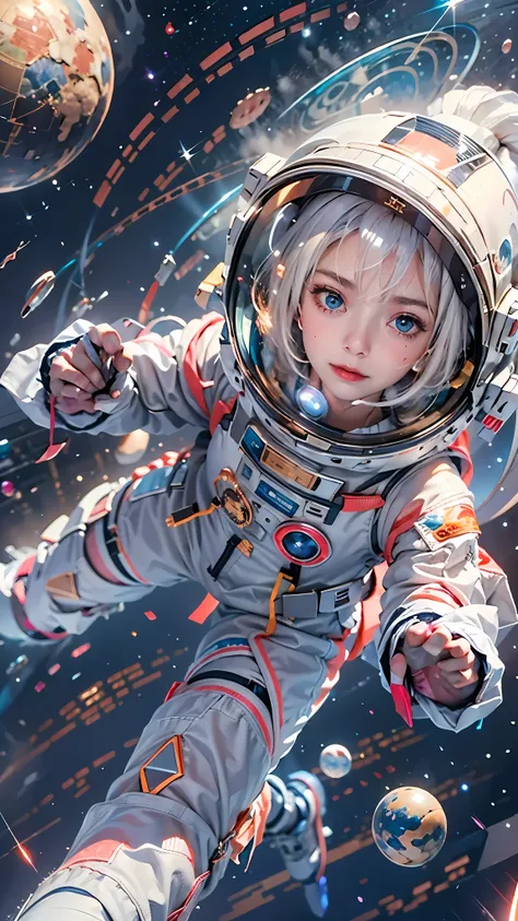 high resolution, ultra-detailed, 1girl, in spacesuit, seen from above, cosmic space, floating, satellite, running pose, look at ...