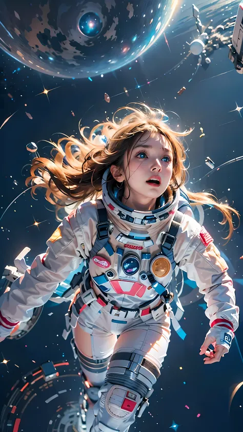 high resolution, ultra-detailed, 1girl, in spacesuit, seen from above, cosmic space, floating, satellite, running pose, look at ...