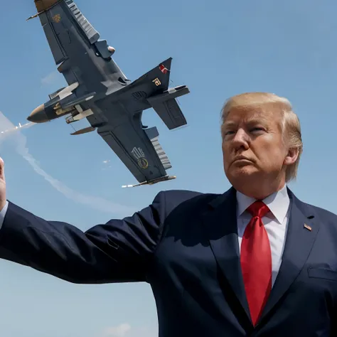 Donald Trump holding ar15 with a fighter jets flying overhead and bald eagles