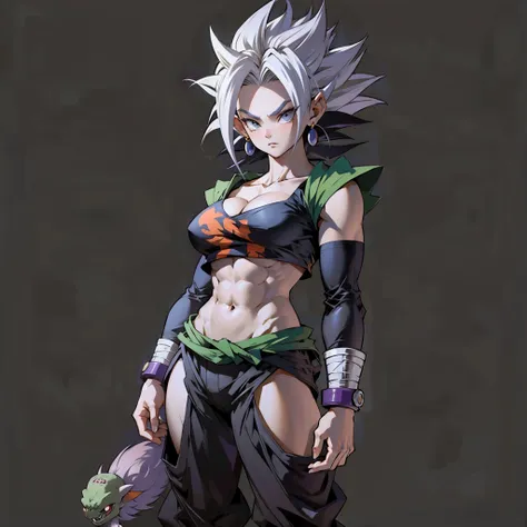 un dessin d&#39;une femelle dragon avec une tenue verte et violette, fille saiyan, Dragon Ball Concept Art, Broly, Goku femelle, Cheveux saiyan noirs hérissés sauvages, best personnage d&#39;anime design, style artistique de boule de dragon, pose badass, f...