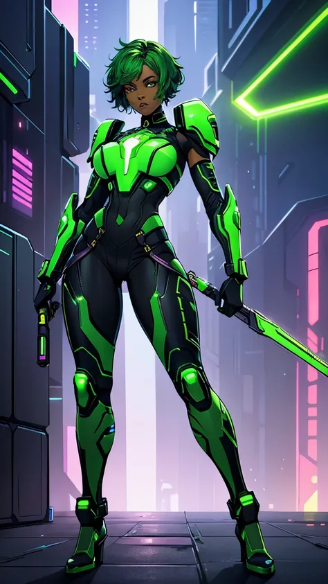 African woman, short cyberpunk style hair, fluorescent green hair, feminine look, metallic body parts, wearing tight copper-colored sci-fi armor, pronounced hips, heroine pose, pose carrying a futuristic weapon, full body focus, battle background science f...