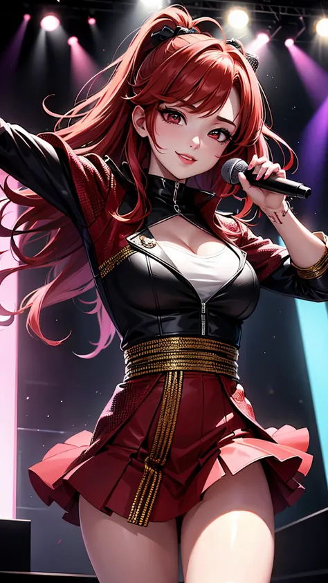 A k-pop idol with beautiful smile and red hair, holding a microphone, is seen from behind during the show. She is wearing a stylish jacket and k-pop accessories. The picture showcases her confidence and stage presence. Additionally, the artist focuses on t...