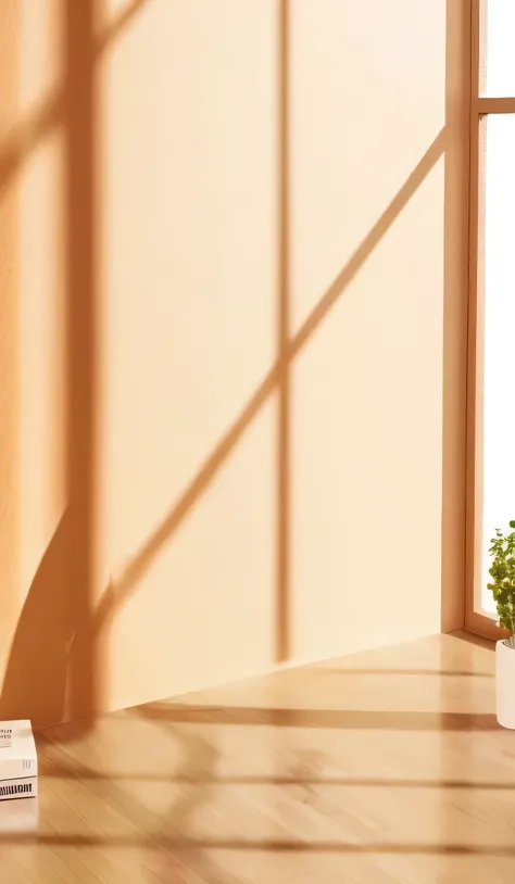 There is a plant on the floor next to the window, aftersun in mid day, sunlight through window, sunlit windows, Light shines in through the windows, realistic afternoon lighting, sunny atmosfhere, natural light in room, sun in mid day, Morning attic photo,...